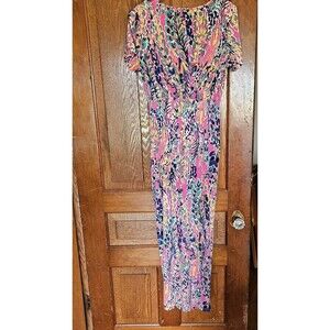Beeson River Artistic Print Ruched Maxi Dress Women’s L (Cap-Sleeve + High Slit)